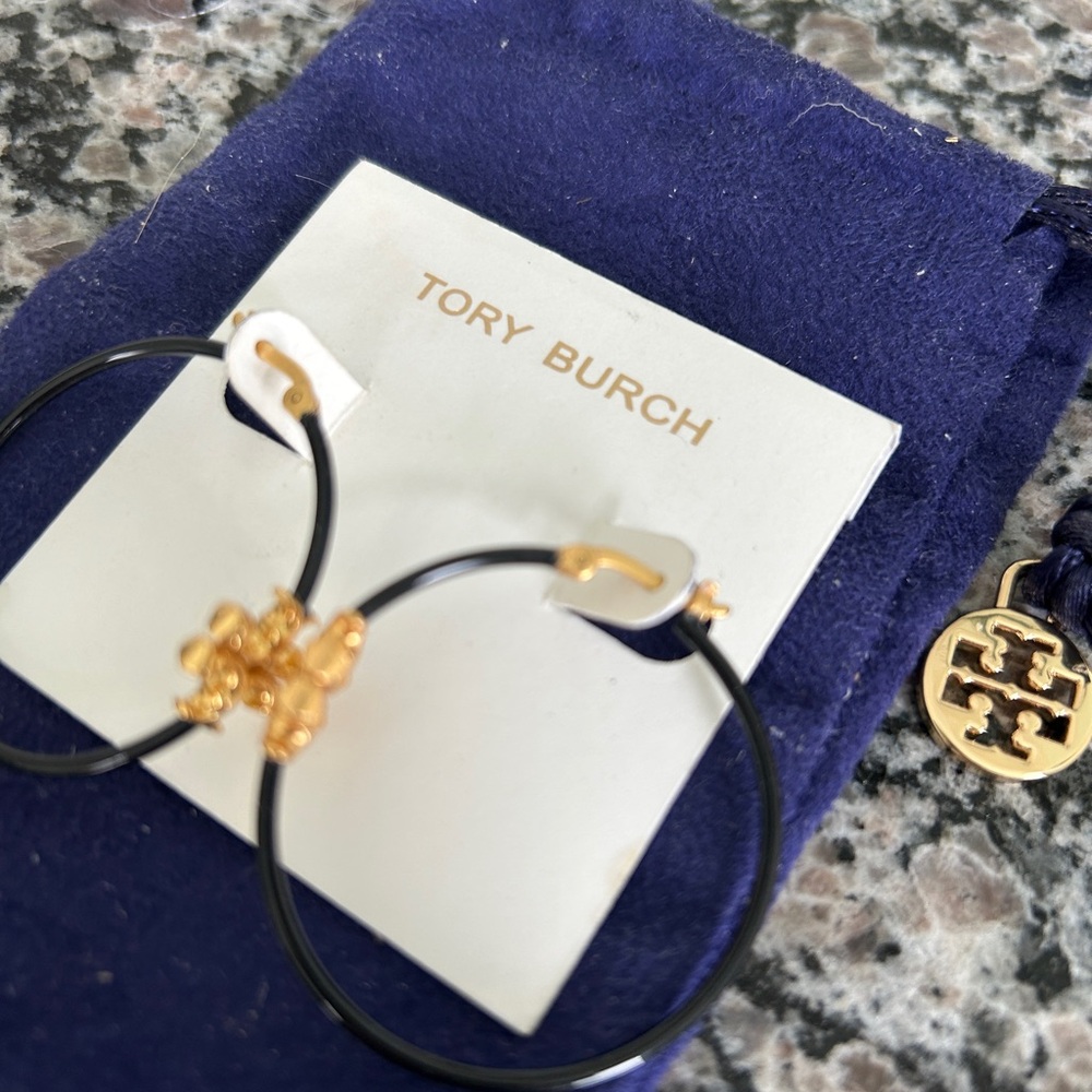 Tory Burch Black and Gold Hoop Earrings